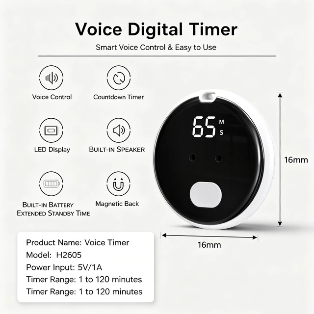 Alt view image 2 of 5 - Voice-Activated Kitchen Timer, Ideal for Cooking; Magnetic Timer with Countdown Function and LED Display, Perfect for classrooms, Offices, Homes, Work, Study, Fitness, and Gaming