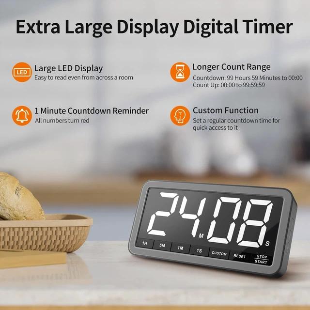 Alt view image 2 of 7 - Large 7.8" Digital Timer, Magnetic LED Timer for Kitchen & Classroom | USB-C Rechargeable, Up to 99 Hours Count Up & Countdown Timer with 3 Brightness Levels, 4 Alert Modes and 3 Volume Levels