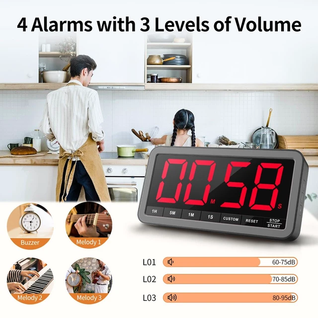 Alt view image 4 of 7 - Large 7.8" Digital Timer, Magnetic LED Timer for Kitchen & Classroom | USB-C Rechargeable, Up to 99 Hours Count Up & Countdown Timer with 3 Brightness Levels, 4 Alert Modes and 3 Volume Levels
