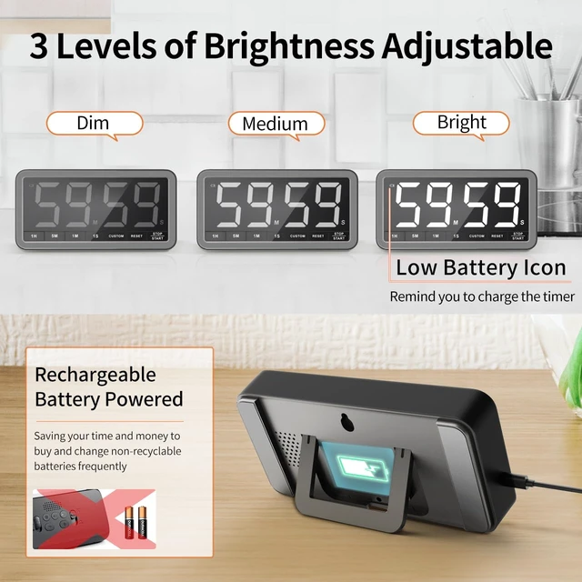 Alt view image 5 of 7 - Large 7.8" Digital Timer, Magnetic LED Timer for Kitchen & Classroom | USB-C Rechargeable, Up to 99 Hours Count Up & Countdown Timer with 3 Brightness Levels, 4 Alert Modes and 3 Volume Levels