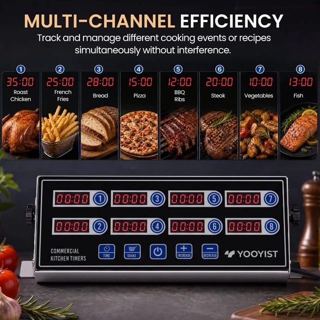Alt view image 4 of 7 - Commercial 8 Channel Digital Kitchen Timer Loud Alarm Cook Timer | 8 Independent Channels, Stainless Steel Body, Loud Adjustable Alarm & Clear LED Display for Restaurant & Bakery Use