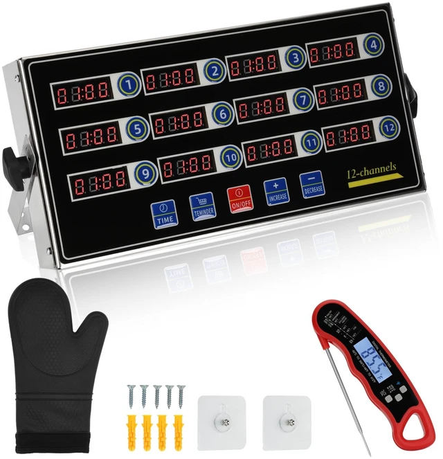 Main image of Commercial Kitchen Timer for Cooking, 12 Channel Timer Restaurant Kitchen Supplies, Heavy-Duty Timer - Stainless Steel | Digital LED Technology | Reminder Function | Loud Alarm