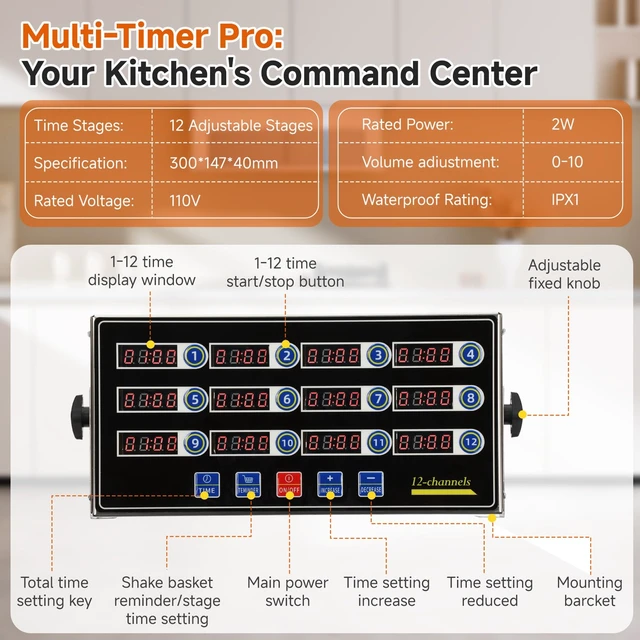 Alt view image 3 of 7 - Commercial Kitchen Timer for Cooking, 12 Channel Timer Restaurant Kitchen Supplies, Heavy-Duty Timer - Stainless Steel | Digital LED Technology | Reminder Function | Loud Alarm