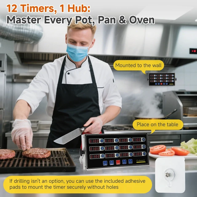 Alt view image 4 of 7 - Commercial Kitchen Timer for Cooking, 12 Channel Timer Restaurant Kitchen Supplies, Heavy-Duty Timer - Stainless Steel | Digital LED Technology | Reminder Function | Loud Alarm