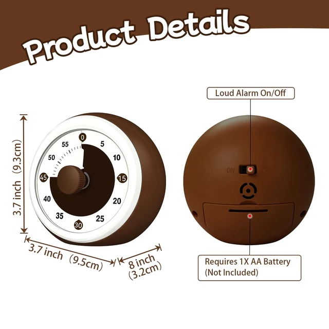 Alt view image 3 of 7 - Kitchen Timer with Large Number Disk, Kids Visual Timer Silent Countdown Clock Timers for Classroom Teacher Must Haves, 60-Minute Desk Visual Timer for Kids Home School Cooking, White Brown