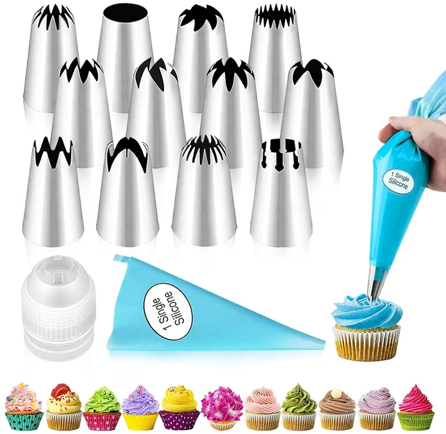 Main image of Large Piping Tips Set - 14pcs Reusable Stainless Steel Icing Nozzles Kit Cake Decorating Tools For Cupcake Cookie Pastrys Dough