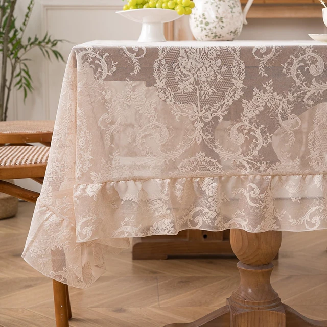 Main image of Cream Beige French Lace Ruffle Tablecloth 60 x 60 Inch with Ruffled Edge, Fits Round and Square Tables, High Density Floral Jacquard Table Cover for Farmhouse Dining, Tea Party and Neutral Home Decor