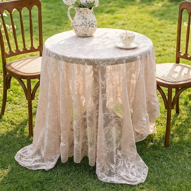 Alt view image 2 of 7 - Cream Beige French Lace Ruffle Tablecloth 60 x 60 Inch with Ruffled Edge, Fits Round and Square Tables, High Density Floral Jacquard Table Cover for Farmhouse Dining, Tea Party and Neutral Home Decor