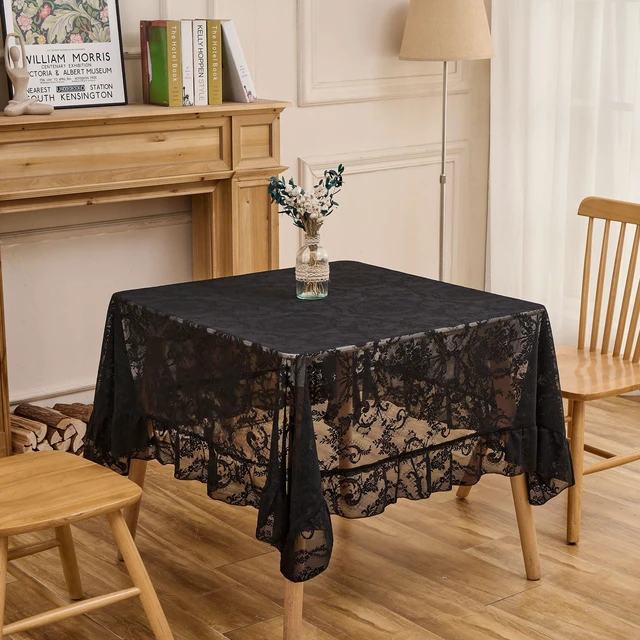 Main image of Black Lace Tablecloth, Floral 60x60 Square Table Cloth | Embroideried Sheer Overlay with Ruffled Hem, Halloween Gothic Wedding Engagement Decor, Farmhouse Rustic Style, Machine Wash