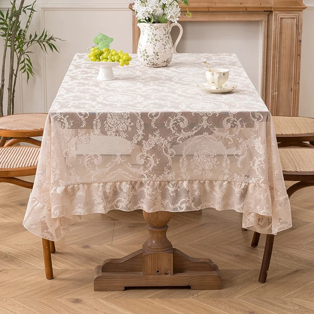 Alt view image 3 of 7 - Cream Beige French Lace Ruffle Tablecloth 60 x 60 Inch with Ruffled Edge, Fits Round and Square Tables, High Density Floral Jacquard Table Cover for Farmhouse Dining, Tea Party and Neutral Home Decor