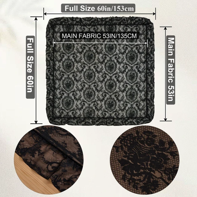Alt view image 3 of 7 - Black Lace Tablecloth, Floral 60x60 Square Table Cloth | Embroideried Sheer Overlay with Ruffled Hem, Halloween Gothic Wedding Engagement Decor, Farmhouse Rustic Style, Machine Wash