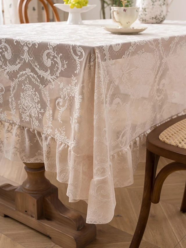 Alt view image 5 of 7 - Cream Beige French Lace Ruffle Tablecloth 60 x 60 Inch with Ruffled Edge, Fits Round and Square Tables, High Density Floral Jacquard Table Cover for Farmhouse Dining, Tea Party and Neutral Home Decor