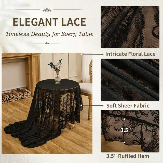 Alt view image 2 of 7 - Black Lace Tablecloth, Floral 60x60 Square Table Cloth | Embroideried Sheer Overlay with Ruffled Hem, Halloween Gothic Wedding Engagement Decor, Farmhouse Rustic Style, Machine Wash