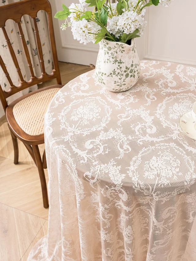 Alt view image 4 of 7 - Cream Beige French Lace Ruffle Tablecloth 60 x 60 Inch with Ruffled Edge, Fits Round and Square Tables, High Density Floral Jacquard Table Cover for Farmhouse Dining, Tea Party and Neutral Home Decor