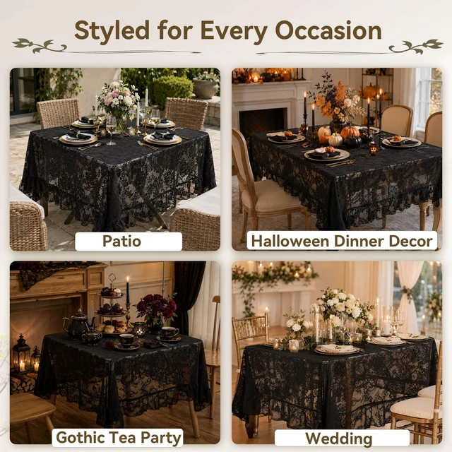 Alt view image 4 of 7 - Black Lace Tablecloth, Floral 60x60 Square Table Cloth | Embroideried Sheer Overlay with Ruffled Hem, Halloween Gothic Wedding Engagement Decor, Farmhouse Rustic Style, Machine Wash