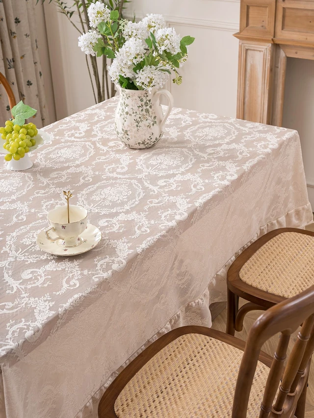 Alt view image 6 of 7 - Cream Beige French Lace Ruffle Tablecloth 60 x 60 Inch with Ruffled Edge, Fits Round and Square Tables, High Density Floral Jacquard Table Cover for Farmhouse Dining, Tea Party and Neutral Home Decor