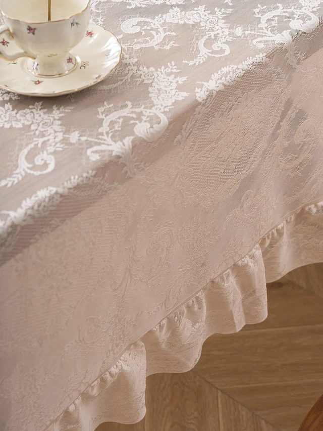 Alt view image 7 of 7 - Cream Beige French Lace Ruffle Tablecloth 60 x 60 Inch with Ruffled Edge, Fits Round and Square Tables, High Density Floral Jacquard Table Cover for Farmhouse Dining, Tea Party and Neutral Home Decor