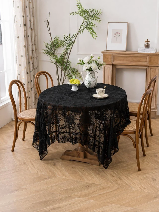Alt view image 7 of 7 - Black Lace Tablecloth, Floral 60x60 Square Table Cloth | Embroideried Sheer Overlay with Ruffled Hem, Halloween Gothic Wedding Engagement Decor, Farmhouse Rustic Style, Machine Wash