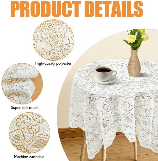 Alt view image 4 of 7 - Small Lace Round Tablecloth, White Square Lace Tablecloth | Lace Design, Round Shape
