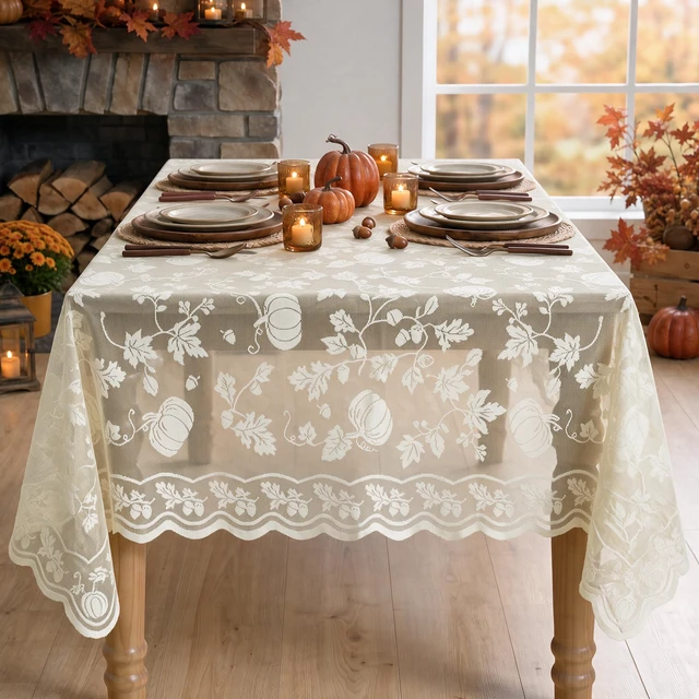 Alt view image 3 of 6 - Beige Fall Lace Table Cloth 60×84 Inch Rectangular, Table Decor | Fall Maple Leaf Pumpkin Table Cover, Embroidered Table Decor for Fall, Thanksgiving, Parties, Outdoor Events