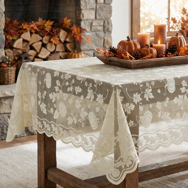Alt view image 2 of 6 - Beige Fall Lace Table Cloth 60×84 Inch Rectangular, Table Decor | Fall Maple Leaf Pumpkin Table Cover, Embroidered Table Decor for Fall, Thanksgiving, Parties, Outdoor Events