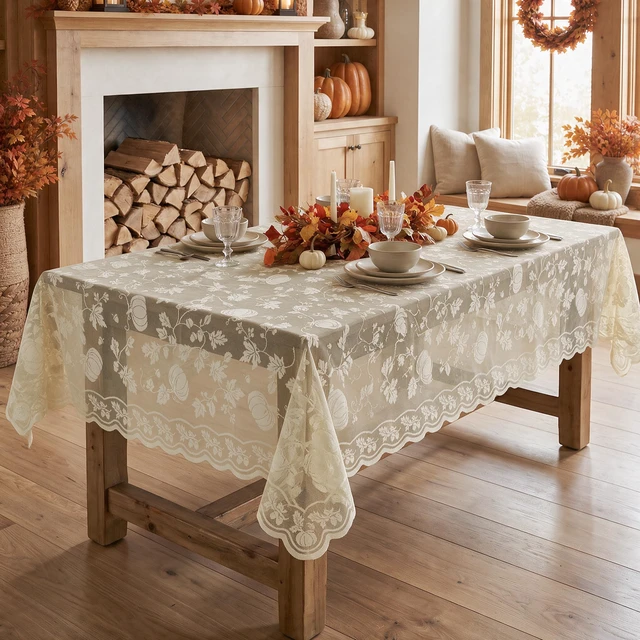 Alt view image 5 of 6 - Beige Fall Lace Table Cloth 60×84 Inch Rectangular, Table Decor | Fall Maple Leaf Pumpkin Table Cover, Embroidered Table Decor for Fall, Thanksgiving, Parties, Outdoor Events