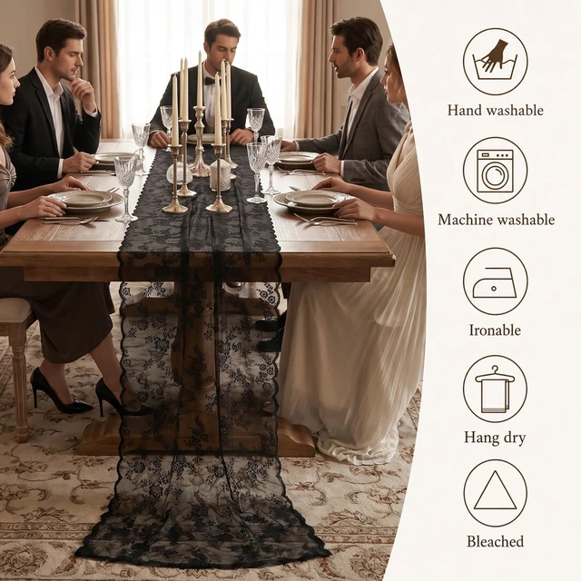 Alt view image 3 of 7 - Black Lace Table Runner, 27.5x120 in Black Lace Tablecloth, Vintage Design | Black Lace Table Runner, Vintage Floral Design, Perfect for Weddings and Events
