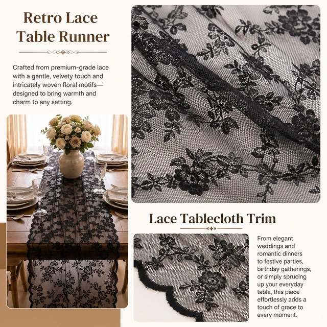 Alt view image 2 of 7 - Black Lace Table Runner, 27.5x120 in Black Lace Tablecloth, Vintage Design | Black Lace Table Runner, Vintage Floral Design, Perfect for Weddings and Events