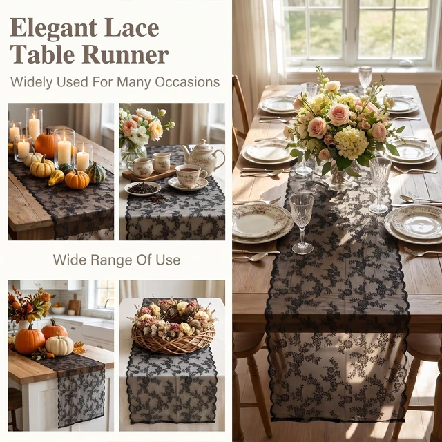 Alt view image 4 of 7 - Black Lace Table Runner, 27.5x120 in Black Lace Tablecloth, Vintage Design | Black Lace Table Runner, Vintage Floral Design, Perfect for Weddings and Events