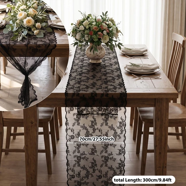 Alt view image 5 of 7 - Black Lace Table Runner, 27.5x120 in Black Lace Tablecloth, Vintage Design | Black Lace Table Runner, Vintage Floral Design, Perfect for Weddings and Events