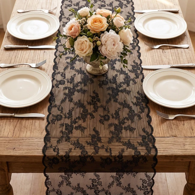 Alt view image 6 of 7 - Black Lace Table Runner, 27.5x120 in Black Lace Tablecloth, Vintage Design | Black Lace Table Runner, Vintage Floral Design, Perfect for Weddings and Events
