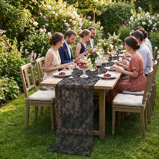 Alt view image 7 of 7 - Black Lace Table Runner, 27.5x120 in Black Lace Tablecloth, Vintage Design | Black Lace Table Runner, Vintage Floral Design, Perfect for Weddings and Events