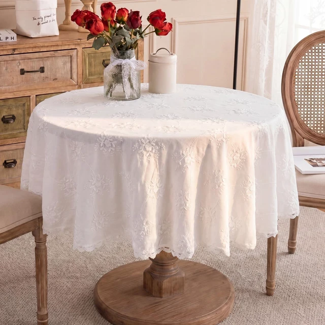 Main image of 55" Vintage Round White Lace Embroidered Tablecloth | French Floral Embroidered Round Table Cover, for Holiday Home Dining Kitchen Wedding Outdoor and Indoor Decoration