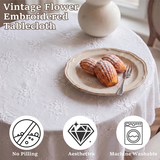 Alt view image 2 of 7 - 55" Vintage Round White Lace Embroidered Tablecloth | French Floral Embroidered Round Table Cover, for Holiday Home Dining Kitchen Wedding Outdoor and Indoor Decoration