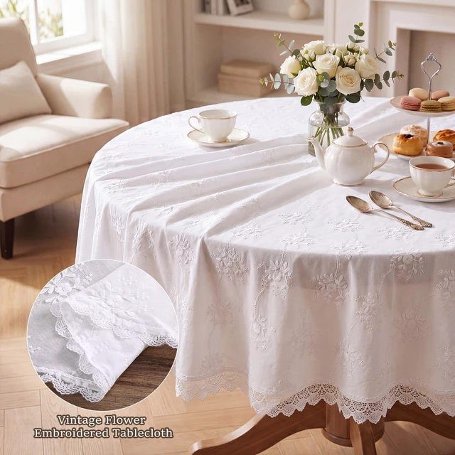 Alt view image 3 of 7 - 55" Vintage Round White Lace Embroidered Tablecloth | French Floral Embroidered Round Table Cover, for Holiday Home Dining Kitchen Wedding Outdoor and Indoor Decoration