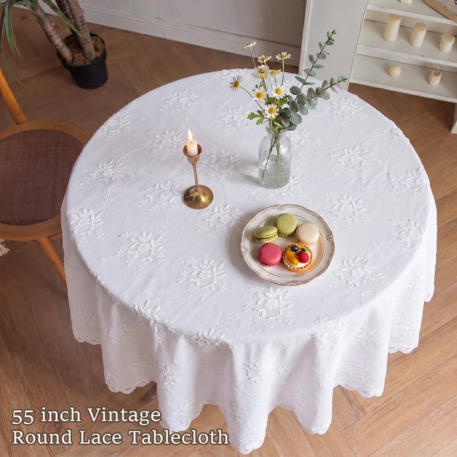 Alt view image 4 of 7 - 55" Vintage Round White Lace Embroidered Tablecloth | French Floral Embroidered Round Table Cover, for Holiday Home Dining Kitchen Wedding Outdoor and Indoor Decoration