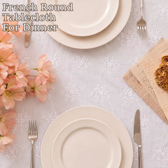 Alt view image 5 of 7 - 55" Vintage Round White Lace Embroidered Tablecloth | French Floral Embroidered Round Table Cover, for Holiday Home Dining Kitchen Wedding Outdoor and Indoor Decoration