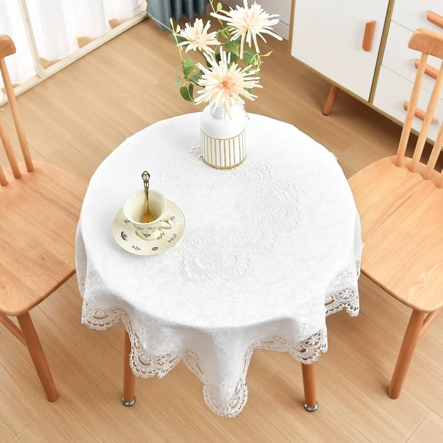 Alt view image 6 of 7 - White Lace Jacquard Small Square Tablecloth 36 x 36 Inch | Elegant Small White Lace Table Cloth, End Side Coffee Table Topper, Tables Cover for Home Dresser Scarf, Table Centerpiece