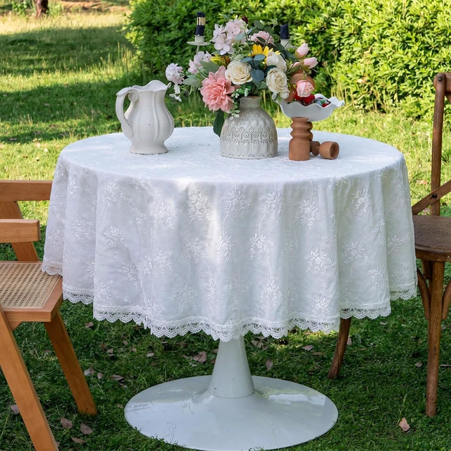 Alt view image 6 of 7 - 55" Vintage Round White Lace Embroidered Tablecloth | French Floral Embroidered Round Table Cover, for Holiday Home Dining Kitchen Wedding Outdoor and Indoor Decoration