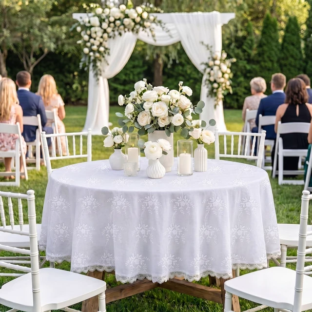 Alt view image 7 of 7 - 55" Vintage Round White Lace Embroidered Tablecloth | French Floral Embroidered Round Table Cover, for Holiday Home Dining Kitchen Wedding Outdoor and Indoor Decoration