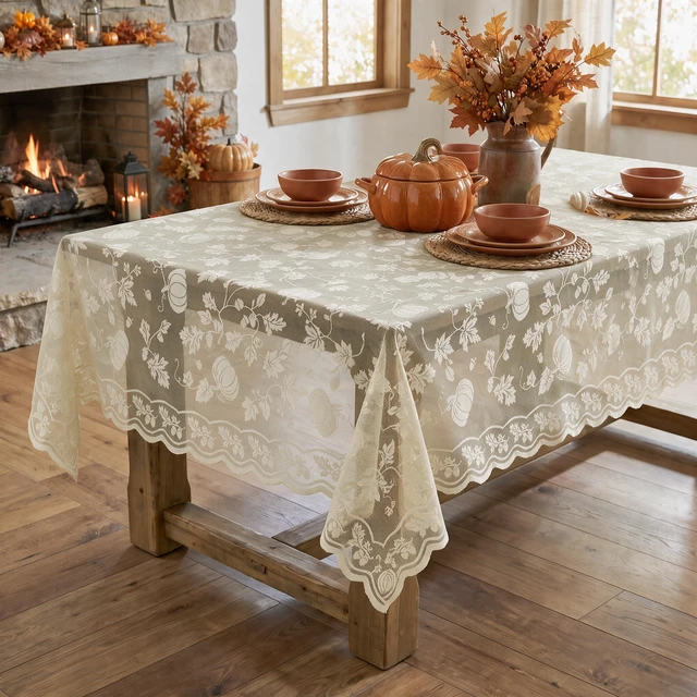 Alt view image 4 of 6 - Beige Fall Lace Table Cloth 60×84 Inch Rectangular, Table Decor | Fall Maple Leaf Pumpkin Table Cover, Embroidered Table Decor for Fall, Thanksgiving, Parties, Outdoor Events