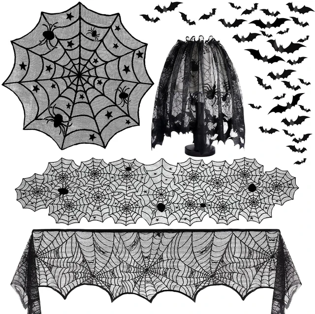 Main image of 5Pack Halloween Spiderweb Tablecloth Runner Fireplace Scarf Lampshade Bats Halloween Decorations Indoor Spooky Home Decor Spider Web Tablecloth Table Runner Mantel Scarf Cobweb Lampshade Scary 3D Bats