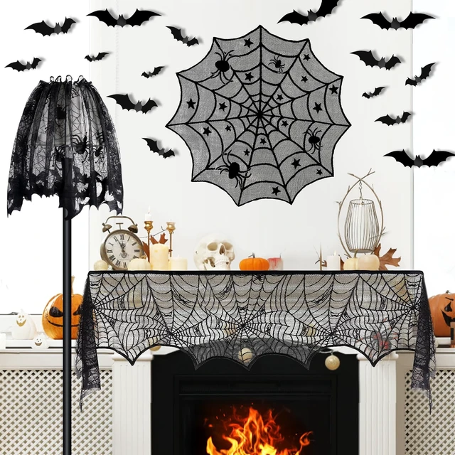 Alt view image 2 of 7 - 5Pack Halloween Spiderweb Tablecloth Runner Fireplace Scarf Lampshade Bats Halloween Decorations Indoor Spooky Home Decor Spider Web Tablecloth Table Runner Mantel Scarf Cobweb Lampshade Scary 3D Bats