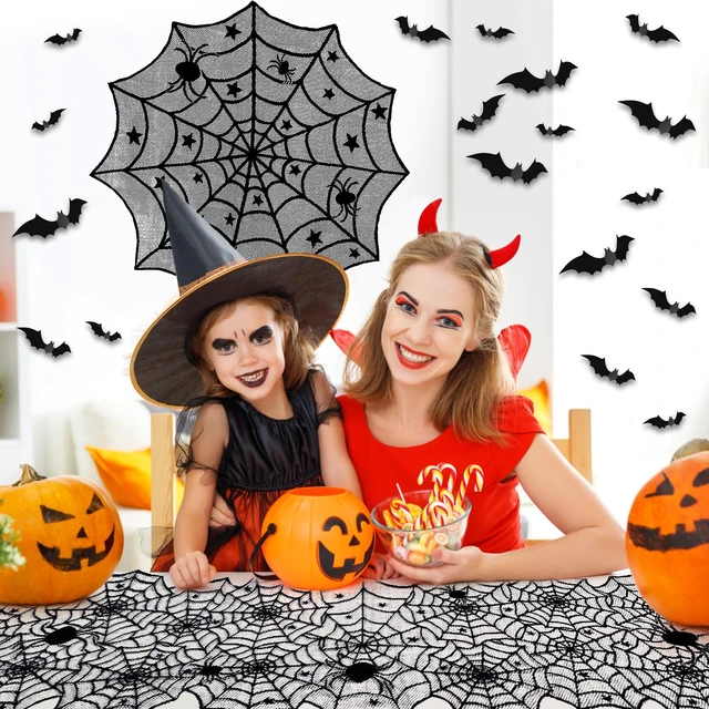 Alt view image 3 of 7 - 5Pack Halloween Spiderweb Tablecloth Runner Fireplace Scarf Lampshade Bats Halloween Decorations Indoor Spooky Home Decor Spider Web Tablecloth Table Runner Mantel Scarf Cobweb Lampshade Scary 3D Bats