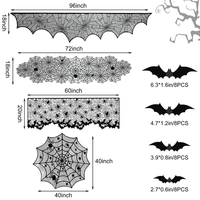 Alt view image 5 of 7 - 5Pack Halloween Spiderweb Tablecloth Runner Fireplace Scarf Lampshade Bats Halloween Decorations Indoor Spooky Home Decor Spider Web Tablecloth Table Runner Mantel Scarf Cobweb Lampshade Scary 3D Bats