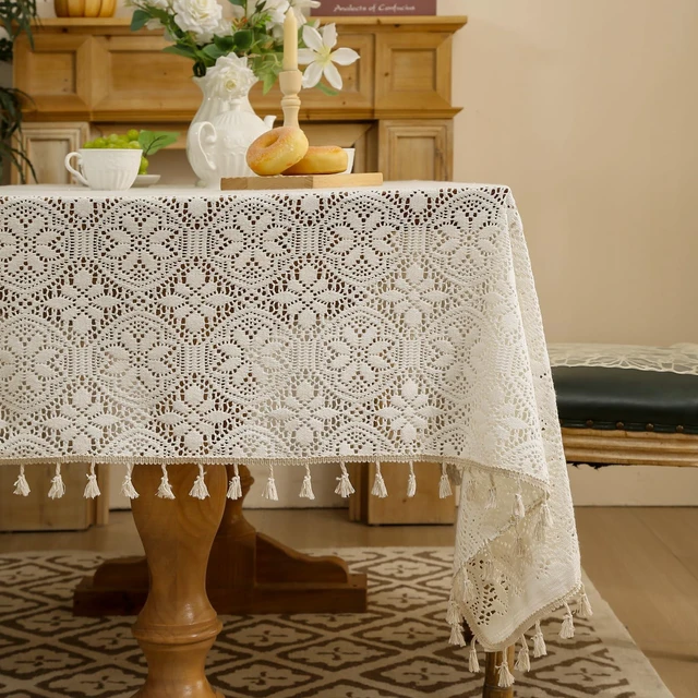 Main image of Cotton Linen Look Tablecloth Rectangle 86 Inch, Farmhouse Textured Tablecloth with Crochet Lace and Tassels, Vintage Table Cover for Dining Kitchen Wedding Party 60"x60"