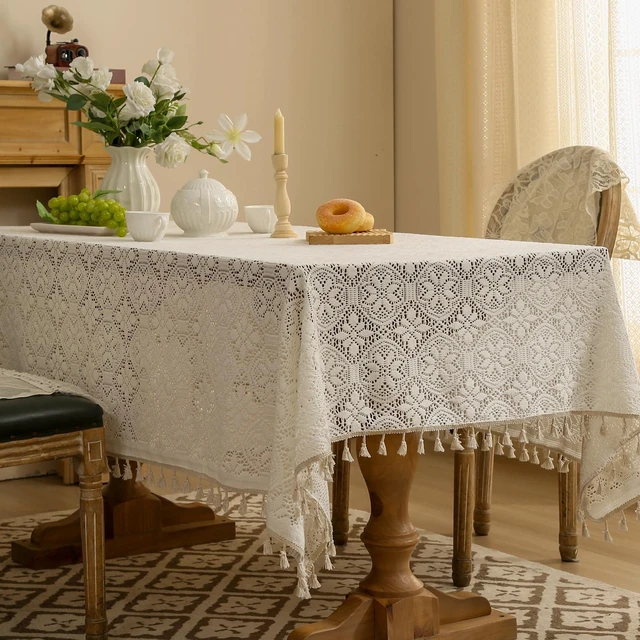 Alt view image 2 of 7 - Cotton Linen Look Tablecloth Rectangle 86 Inch, Farmhouse Textured Tablecloth with Crochet Lace and Tassels, Vintage Table Cover for Dining Kitchen Wedding Party 60"x60"