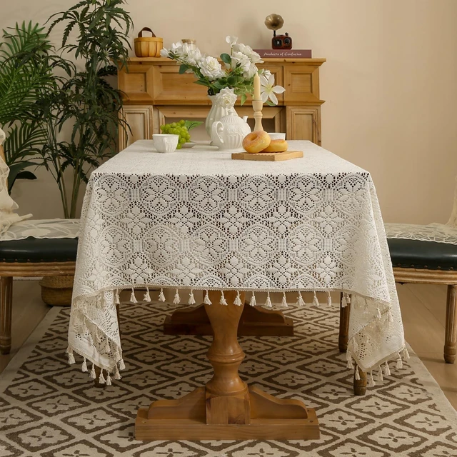 Alt view image 3 of 7 - Cotton Linen Look Tablecloth Rectangle 86 Inch, Farmhouse Textured Tablecloth with Crochet Lace and Tassels, Vintage Table Cover for Dining Kitchen Wedding Party 60"x60"