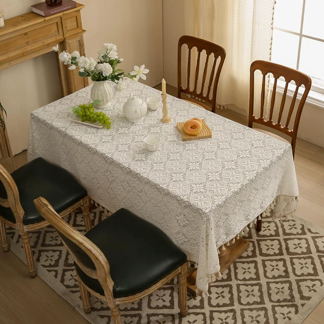 Alt view image 4 of 7 - Cotton Linen Look Tablecloth Rectangle 86 Inch, Farmhouse Textured Tablecloth with Crochet Lace and Tassels, Vintage Table Cover for Dining Kitchen Wedding Party 60"x60"
