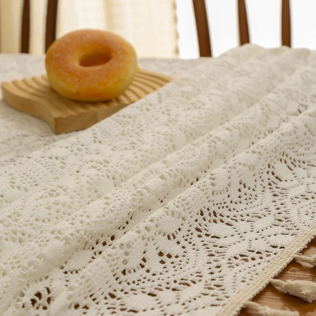 Alt view image 6 of 7 - Cotton Linen Look Tablecloth Rectangle 86 Inch, Farmhouse Textured Tablecloth with Crochet Lace and Tassels, Vintage Table Cover for Dining Kitchen Wedding Party 60"x60"